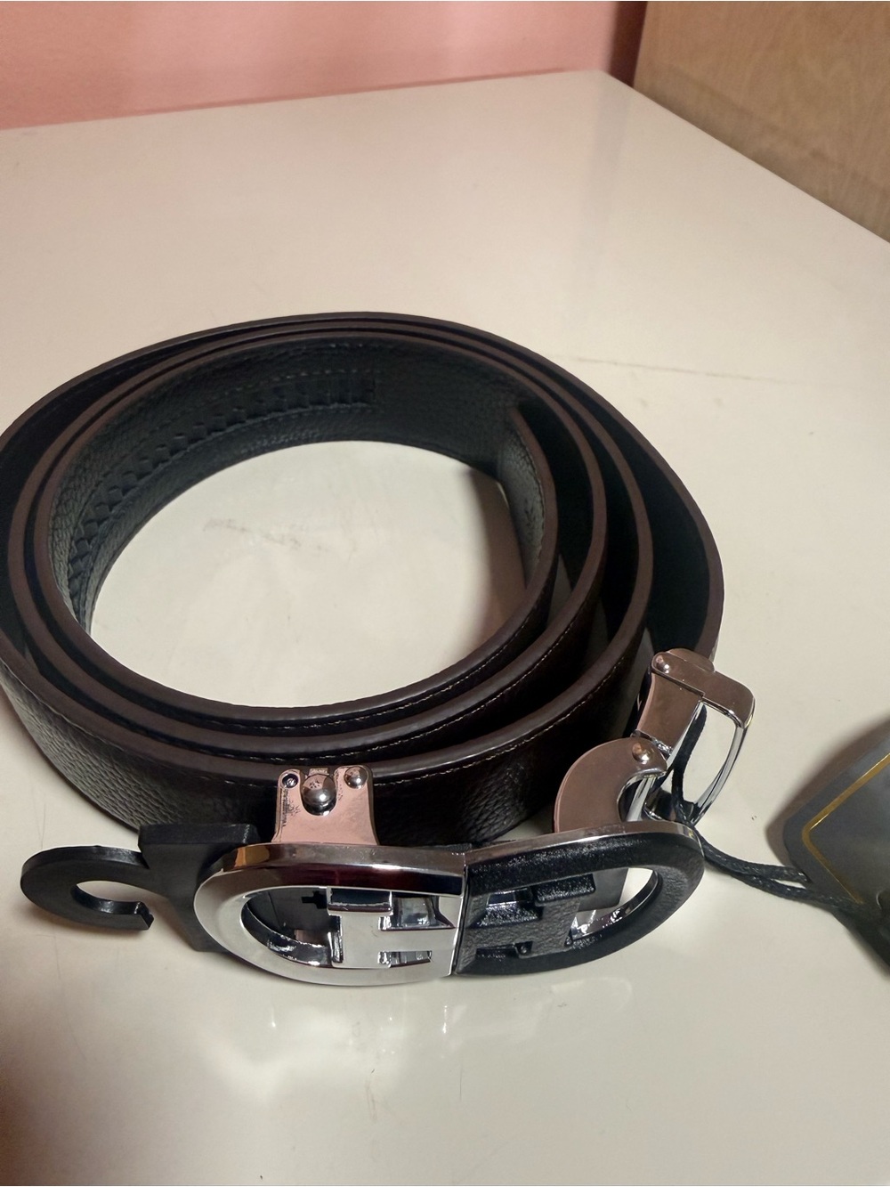 Classic Black Leather Men’s Belt with Silver Buckle size 42-44 easy cut smaller